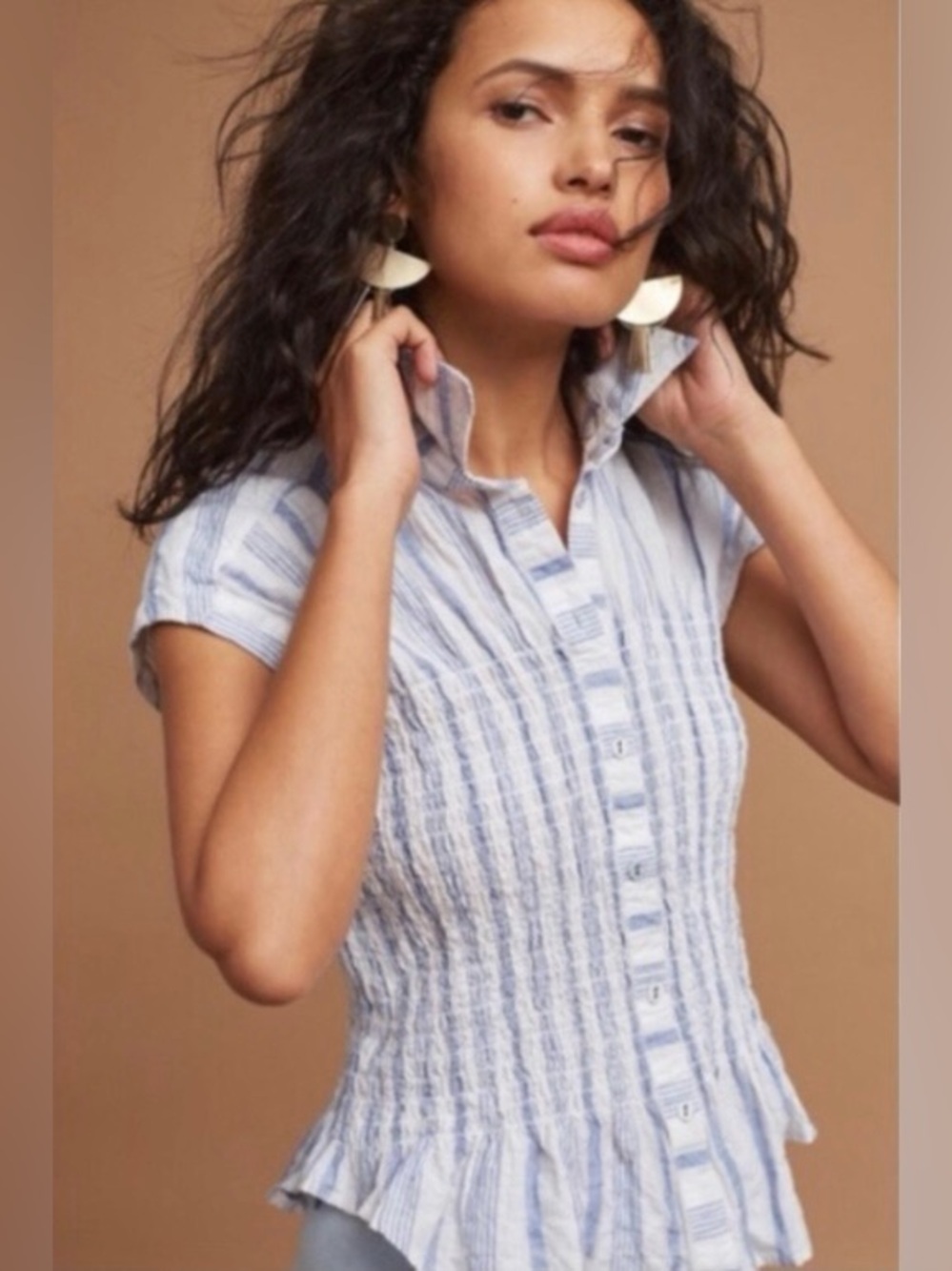 NWT Anthropologie Maeve “Bellamy” Striped Ruched Top Ruffled cotton Linen Size S